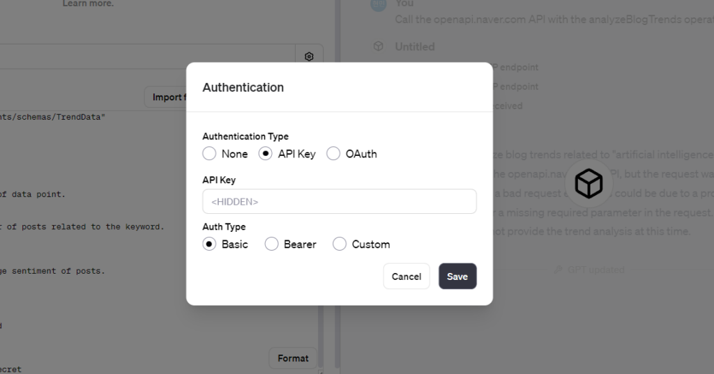 GPT add action Authentication API Key
